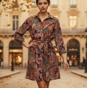 Emma & Michele Red and Gold Paisley Pleated A-Line Dress Size Large